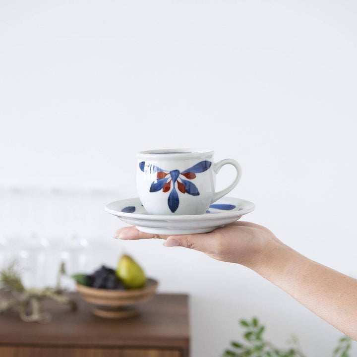 Red and Indigo Chrysanthemum Cup and Saucer